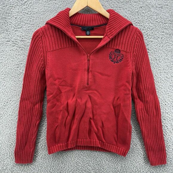 Tommy‎ Hilfiger Sweater Mens Red Medium 1/2 Zip Ribbed Knit Pullover Long Sleeve - Picture 1 of 7